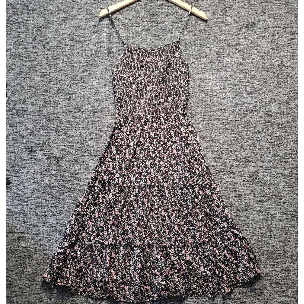 Mimi Chica Midi Dress Women Large Black Pink Floral Smocked Tiered Boho Sundress